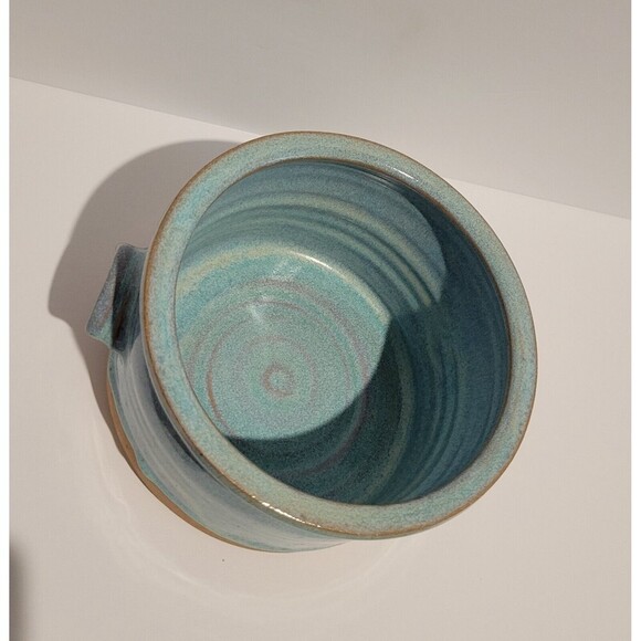 Handmade Studio Art Pottery Bowl with Handles Blue Swirl Glaze Artist Signed - Picture 5 of 9